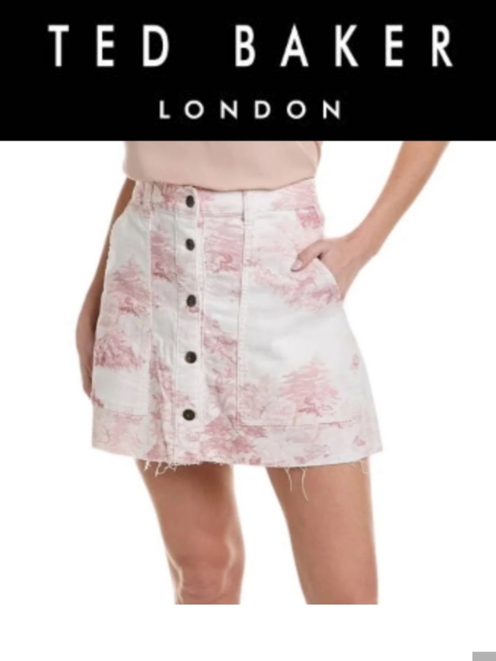Ted Baker London White and Light Pink Toile Button-Front Mini Skirt